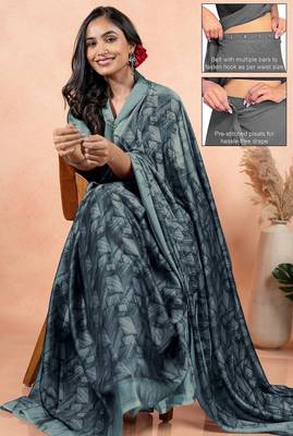 Women's teal geometric print chiffon ready to wear saree | pre draped party wear saree 2
