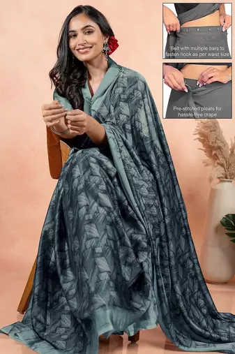 Women's teal geometric print chiffon ready to wear saree | pre draped party wear saree