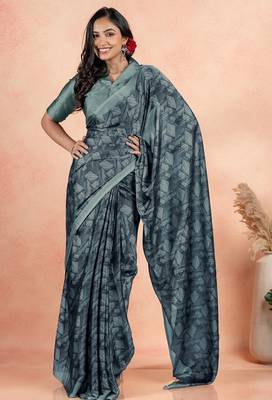 Women's teal geometric print chiffon ready to wear saree | pre draped party wear saree 1