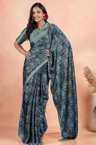 Women's teal geometric print chiffon ready to wear saree | pre draped party wear saree