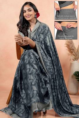 Women's grey geometric print chiffon ready to wear saree | pre draped party wear saree 2