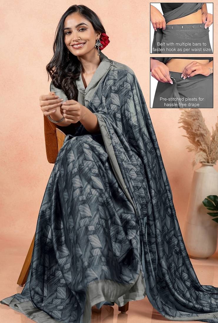 Women's grey geometric print chiffon ready to wear saree | pre draped party wear saree
