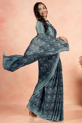 Women's teal geometric print chiffon ready to wear saree | pre draped party wear saree 3