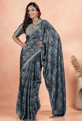 Women's grey geometric print chiffon ready to wear saree | pre draped party wear saree 1
