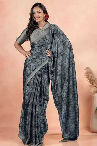 Women's grey geometric print chiffon ready to wear saree | pre draped party wear saree