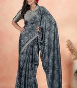 Women's grey geometric print chiffon ready to wear saree | pre draped party wear saree