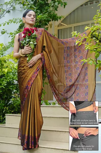 Women's mustard solid chiffon ready to wear saree | pre draped party wear saree