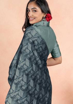 Women's teal geometric print chiffon ready to wear saree | pre draped party wear saree 4
