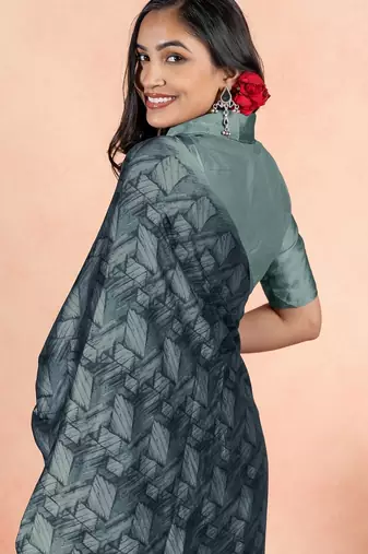 Women's teal geometric print chiffon ready to wear saree | pre draped party wear saree