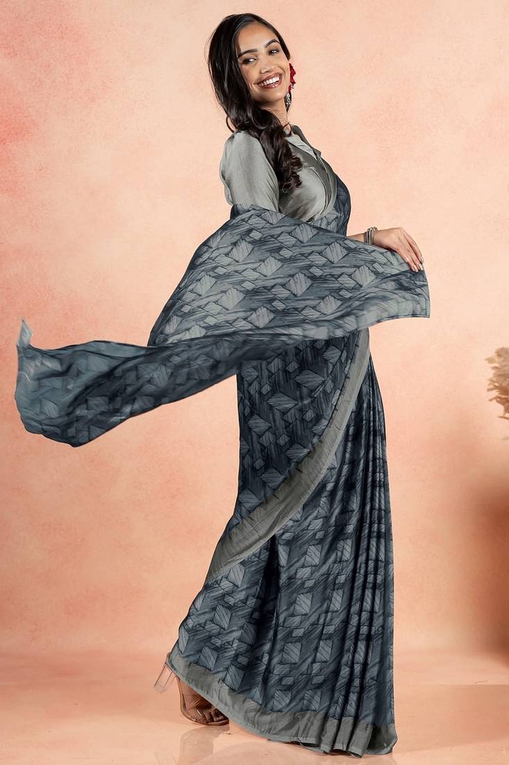 Women's grey geometric print chiffon ready to wear saree | pre draped party wear saree
