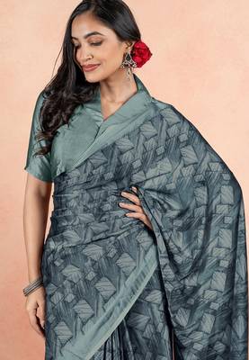 Women's teal geometric print chiffon ready to wear saree | pre draped party wear saree 5