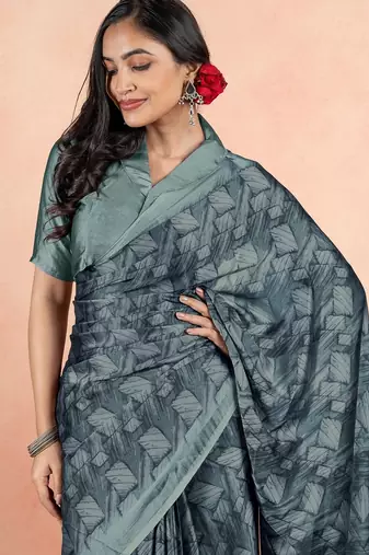 Women's teal geometric print chiffon ready to wear saree | pre draped party wear saree