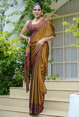 Women's mustard solid chiffon ready to wear saree | pre draped party wear saree 2