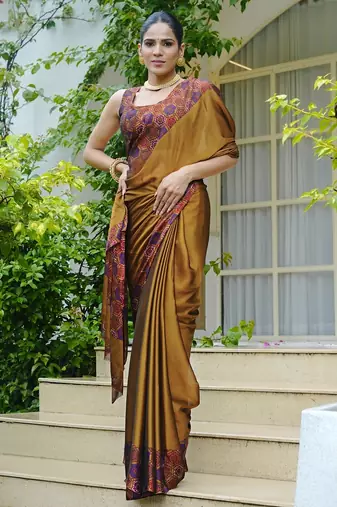 Women's mustard solid chiffon ready to wear saree | pre draped party wear saree
