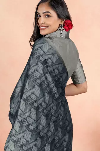 Women's grey geometric print chiffon ready to wear saree | pre draped party wear saree