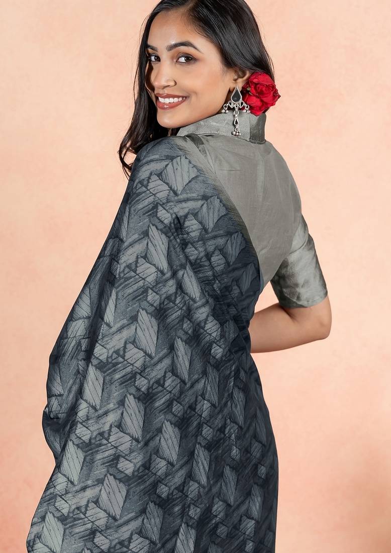 Women's grey geometric print chiffon ready to wear saree | pre draped party wear saree