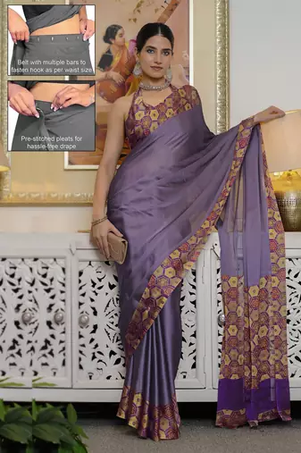 Women's purple solid chiffon ready to wear saree | pre draped party wear saree