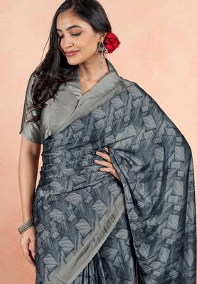 Women's grey geometric print chiffon ready to wear saree | pre draped party wear saree 5