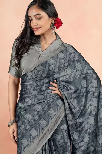 Women's grey geometric print chiffon ready to wear saree | pre draped party wear saree