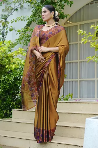 Women's mustard solid chiffon ready to wear saree | pre draped party wear saree
