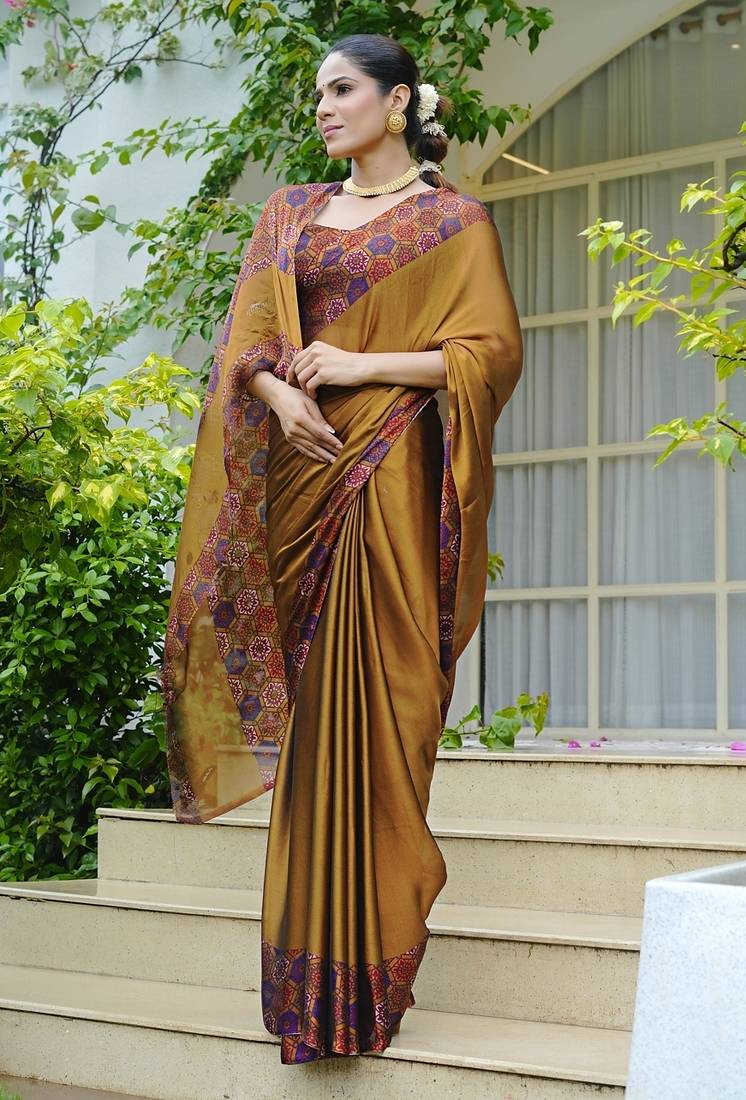 Women's mustard solid chiffon ready to wear saree | pre draped party wear saree