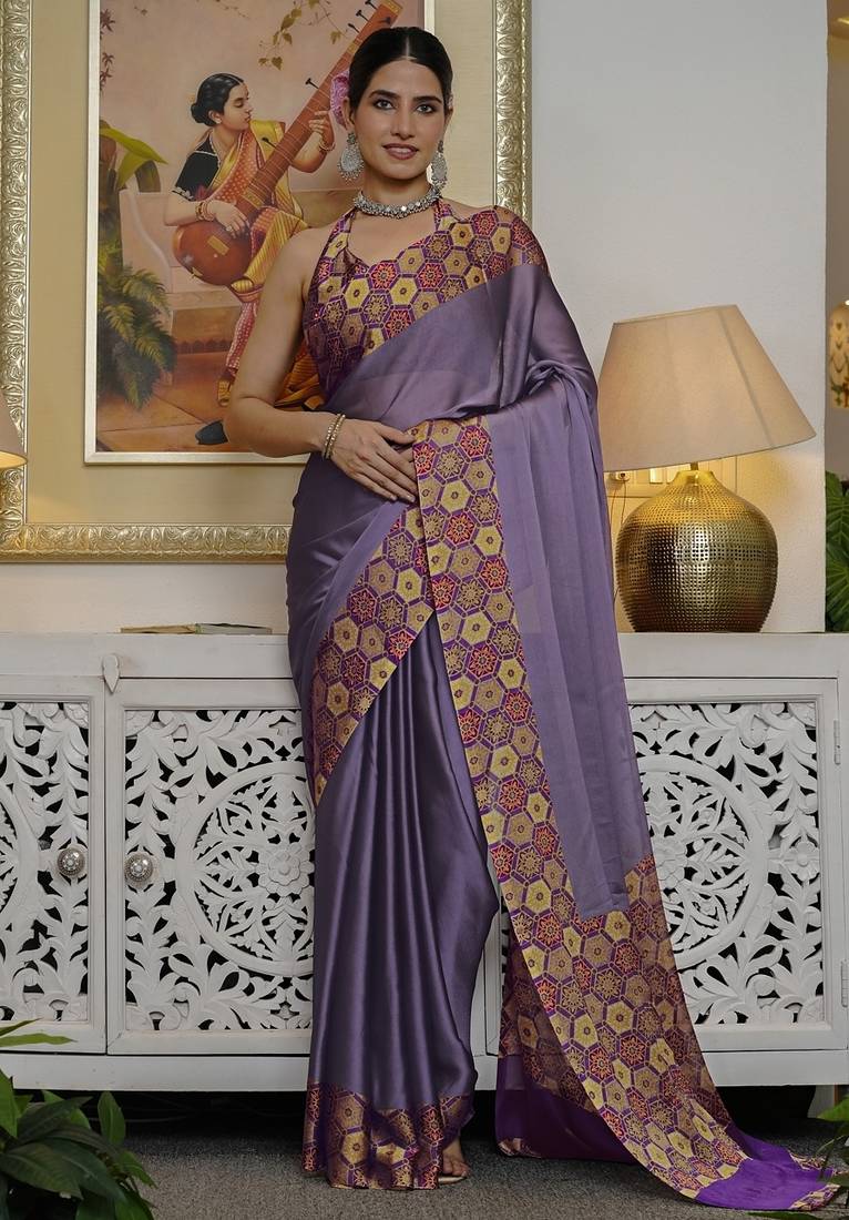 Women's purple solid chiffon ready to wear saree | pre draped party wear saree