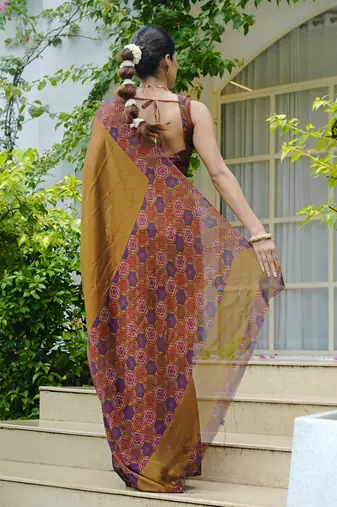Women's mustard solid chiffon ready to wear saree | pre draped party wear saree