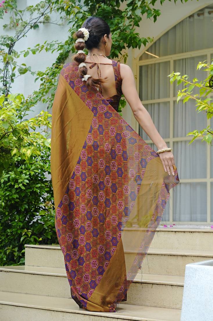 Women's mustard solid chiffon ready to wear saree | pre draped party wear saree