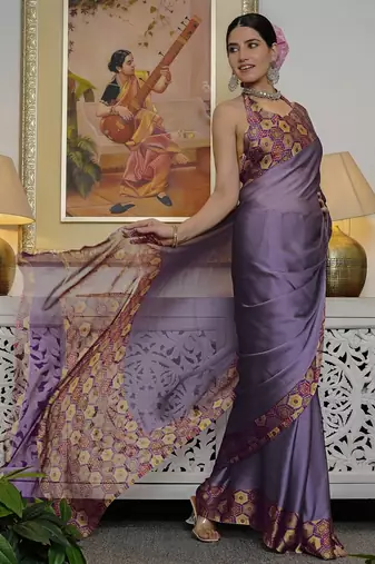Women's purple solid chiffon ready to wear saree | pre draped party wear saree