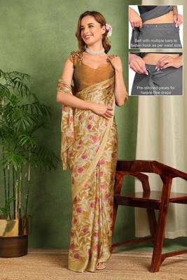 Women's mustard floral print chiffon ready to wear saree | pre draped party wear saree 2