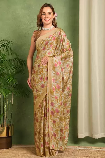 Women's mustard floral print chiffon ready to wear saree | pre draped party wear saree