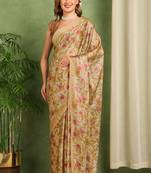 Women's mustard floral print chiffon ready to wear saree | pre draped party wear saree