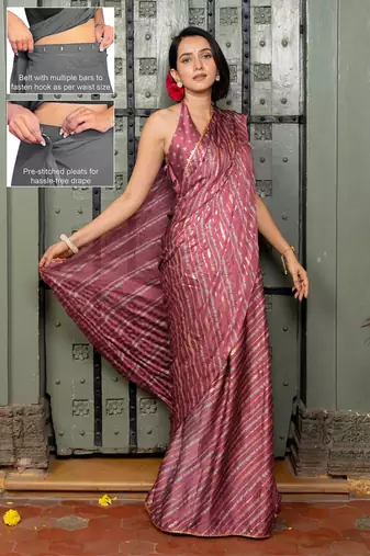 Women's pink stripes print chiffon ready to wear saree | pre draped party wear saree