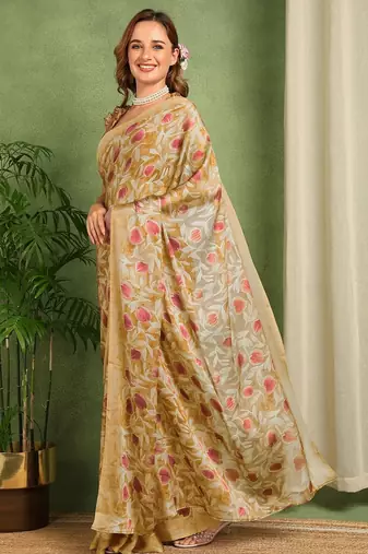 Women's mustard floral print chiffon ready to wear saree | pre draped party wear saree