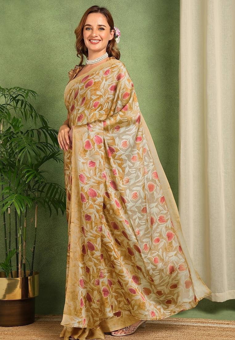Women's mustard floral print chiffon ready to wear saree | pre draped party wear saree