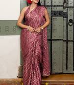 Women's pink stripes print chiffon ready to wear saree | pre draped party wear saree