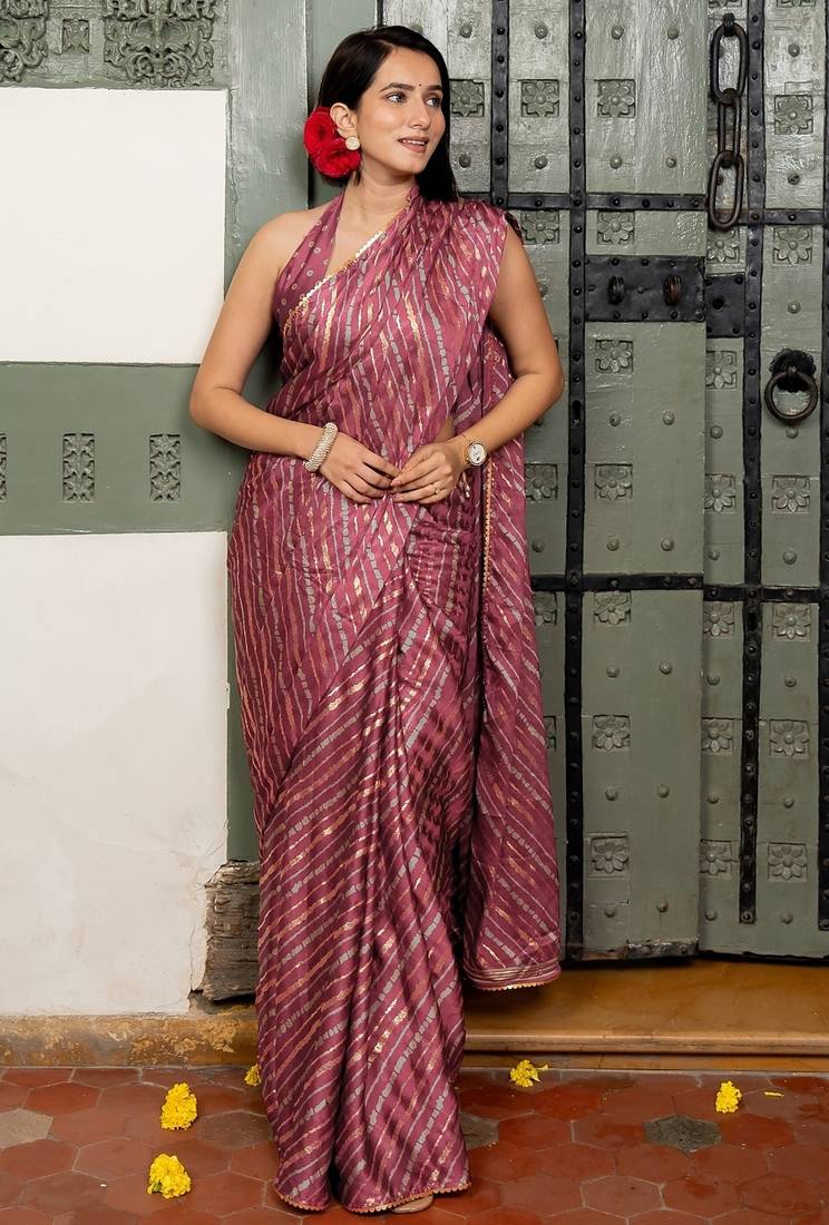 Women's pink stripes print chiffon ready to wear saree | pre draped party wear saree