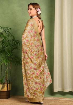 Women's mustard floral print chiffon ready to wear saree | pre draped party wear saree 4