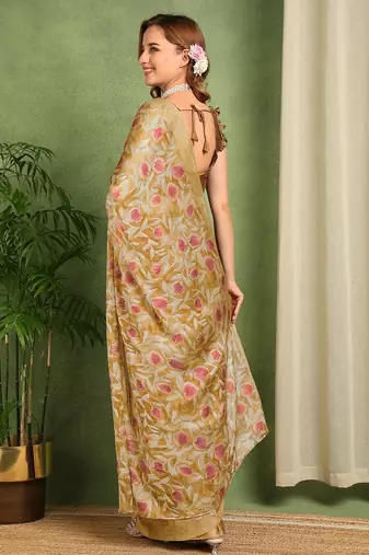 Women's mustard floral print chiffon ready to wear saree | pre draped party wear saree