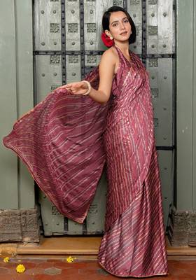 Women's pink stripes print chiffon ready to wear saree | pre draped party wear saree 3