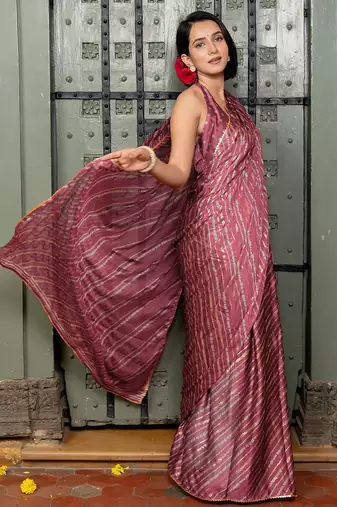 Women's pink stripes print chiffon ready to wear saree | pre draped party wear saree