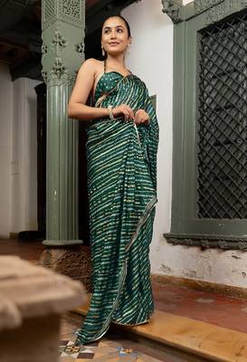 Women's green stripes print chiffon ready to wear saree | pre draped party wear saree 3