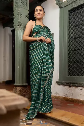 Women's green stripes print chiffon ready to wear saree | pre draped party wear saree