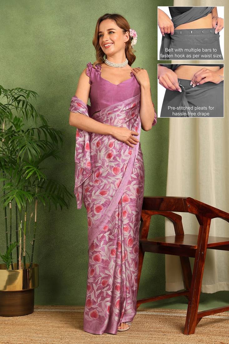 Women's wine floral print chiffon ready to wear saree | pre draped party wear saree
