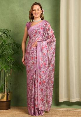Women's wine floral print chiffon ready to wear saree | pre draped party wear saree 1