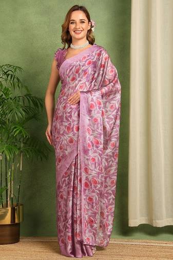 Women's wine floral print chiffon ready to wear saree | pre draped party wear saree