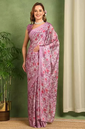Women's wine floral print chiffon ready to wear saree | pre draped party wear saree