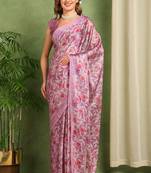 Women's wine floral print chiffon ready to wear saree | pre draped party wear saree