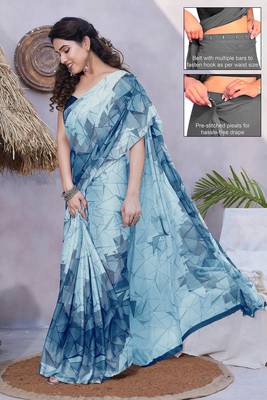 Women's blue geometric print chiffon ready to wear saree | pre draped party wear saree 2