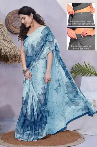 Women's blue geometric print chiffon ready to wear saree | pre draped party wear saree